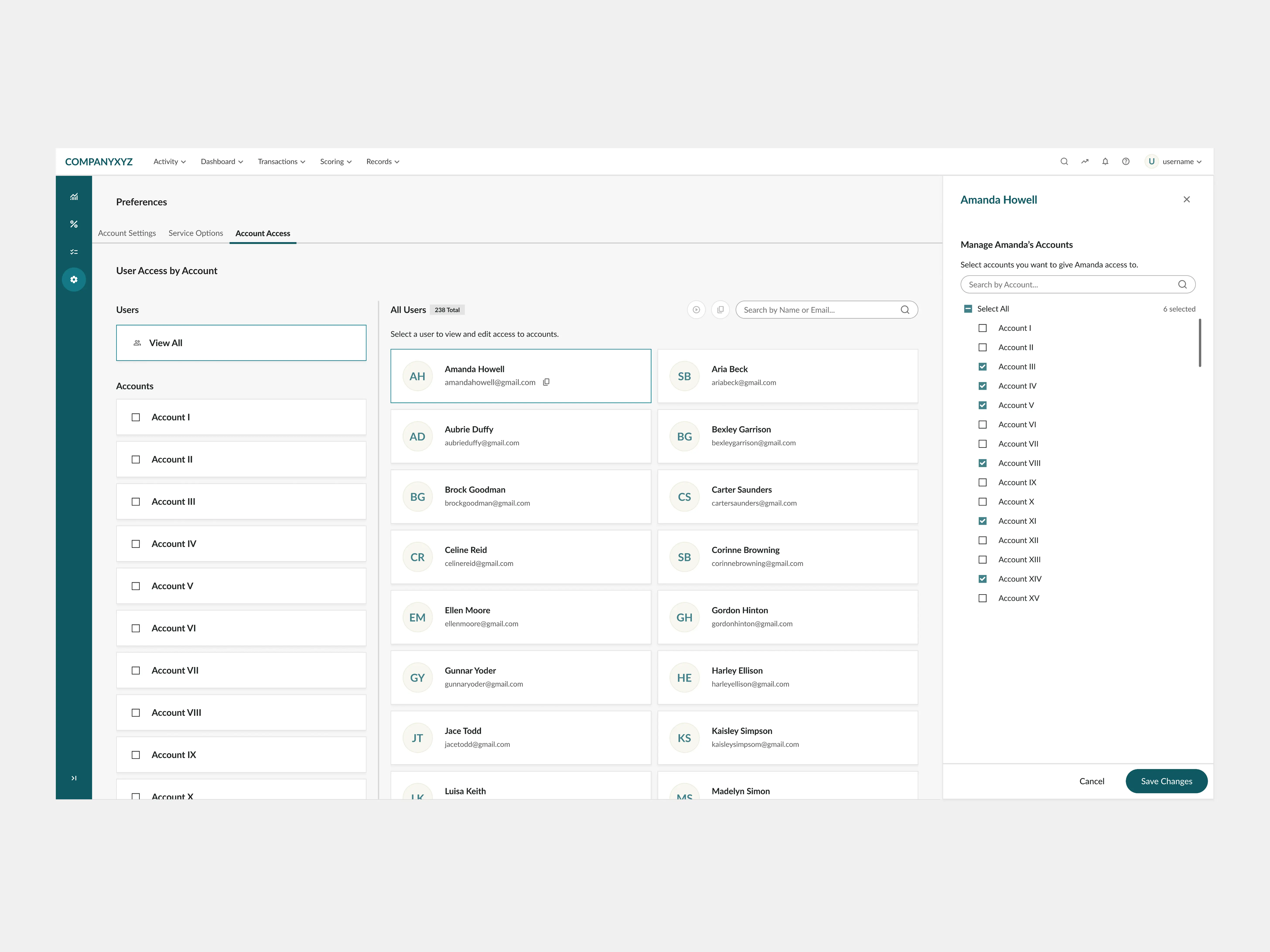 User profile panel showing a checklist of every account a specific person has access to, editable from that single view
