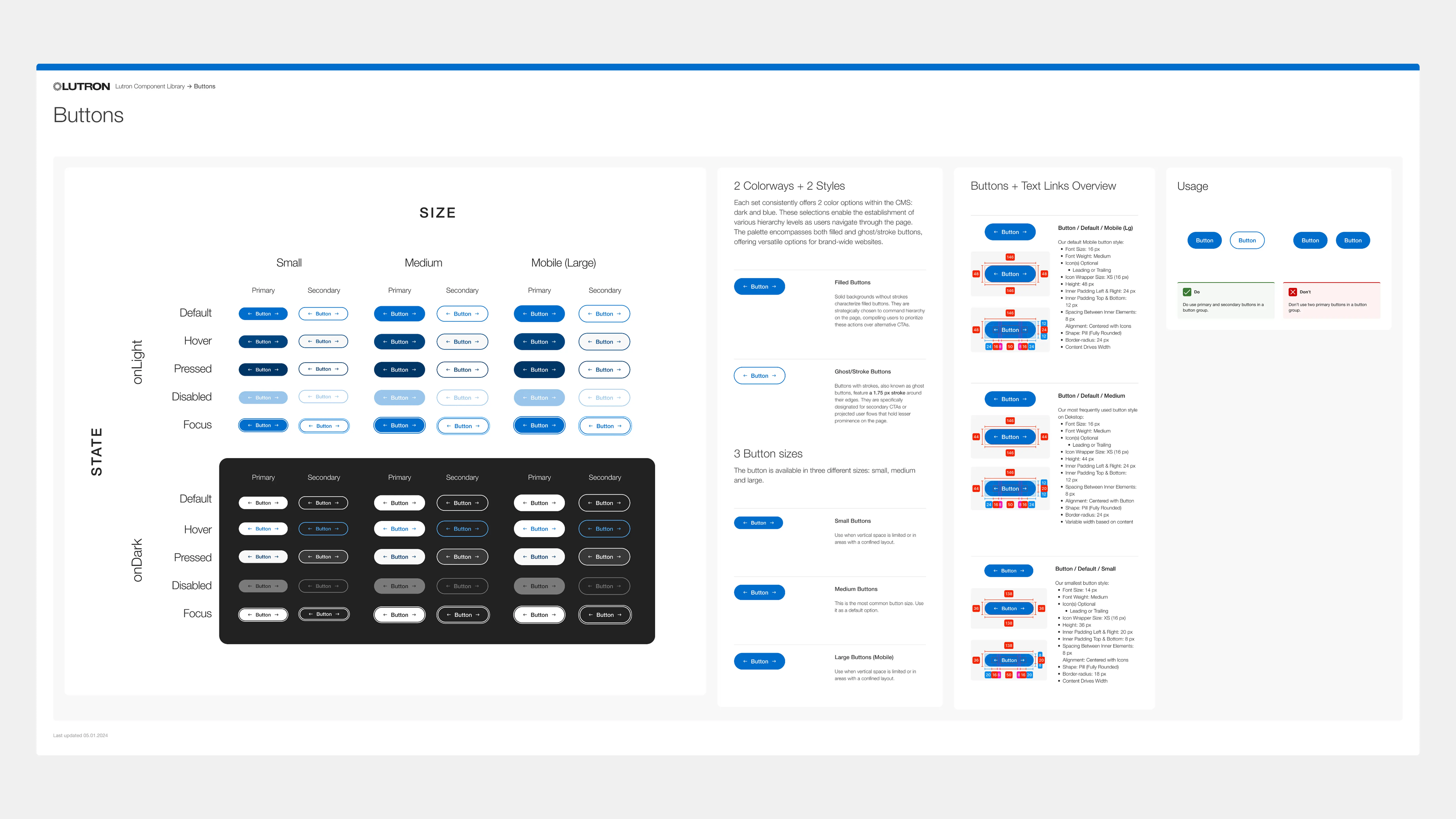 Button component documentation showing primary and secondary styles, sizes, and states in light and dark modes with usage guidelines