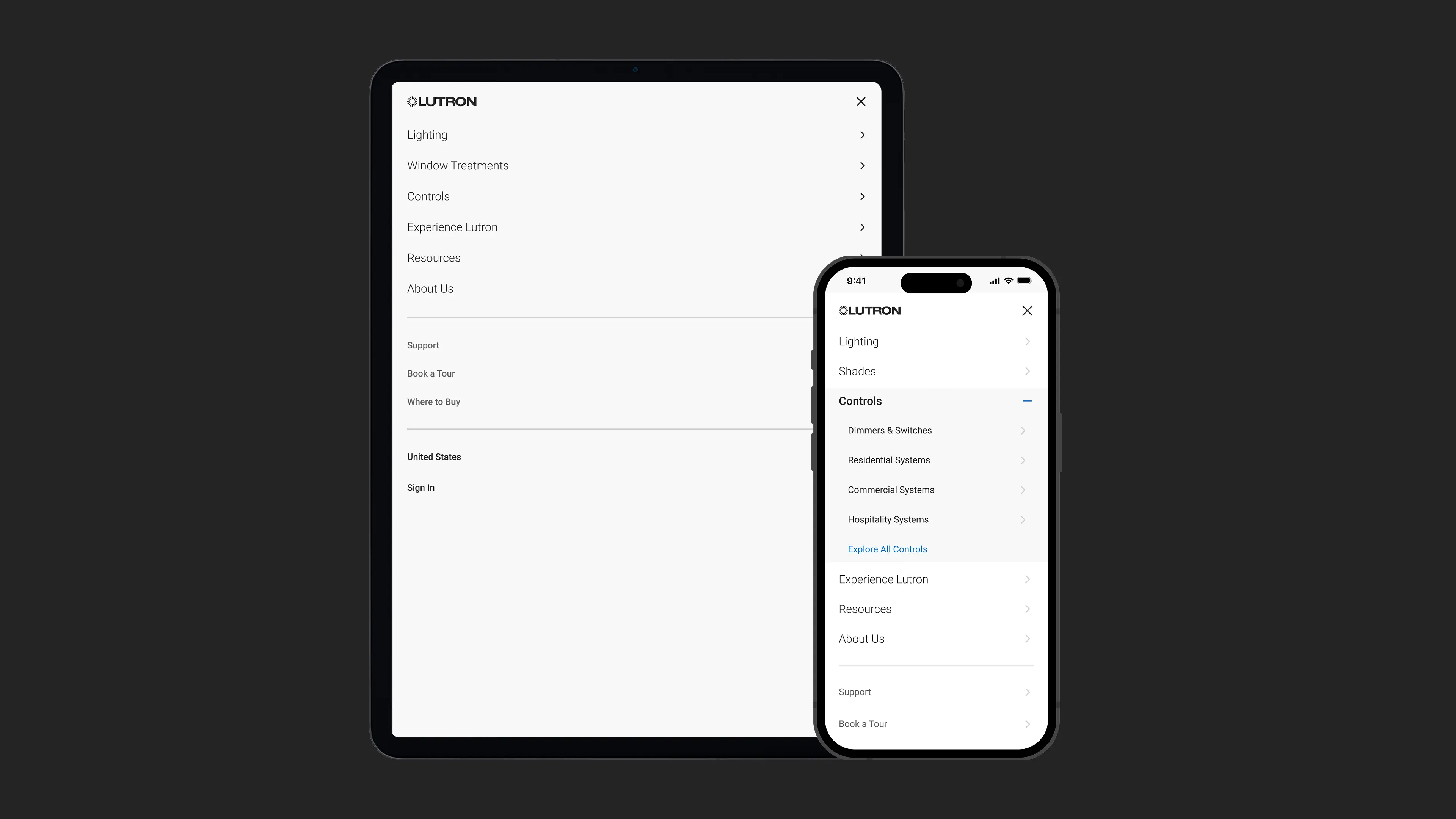 Mobile navigation menu on tablet and phone showing the expanded Controls submenu with Dimmers & Switches, Residential, Commercial, and Hospitality Systems links